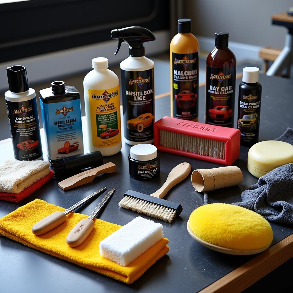 A range of car detailing products and tools, showcasing the specialized nature of the craft.