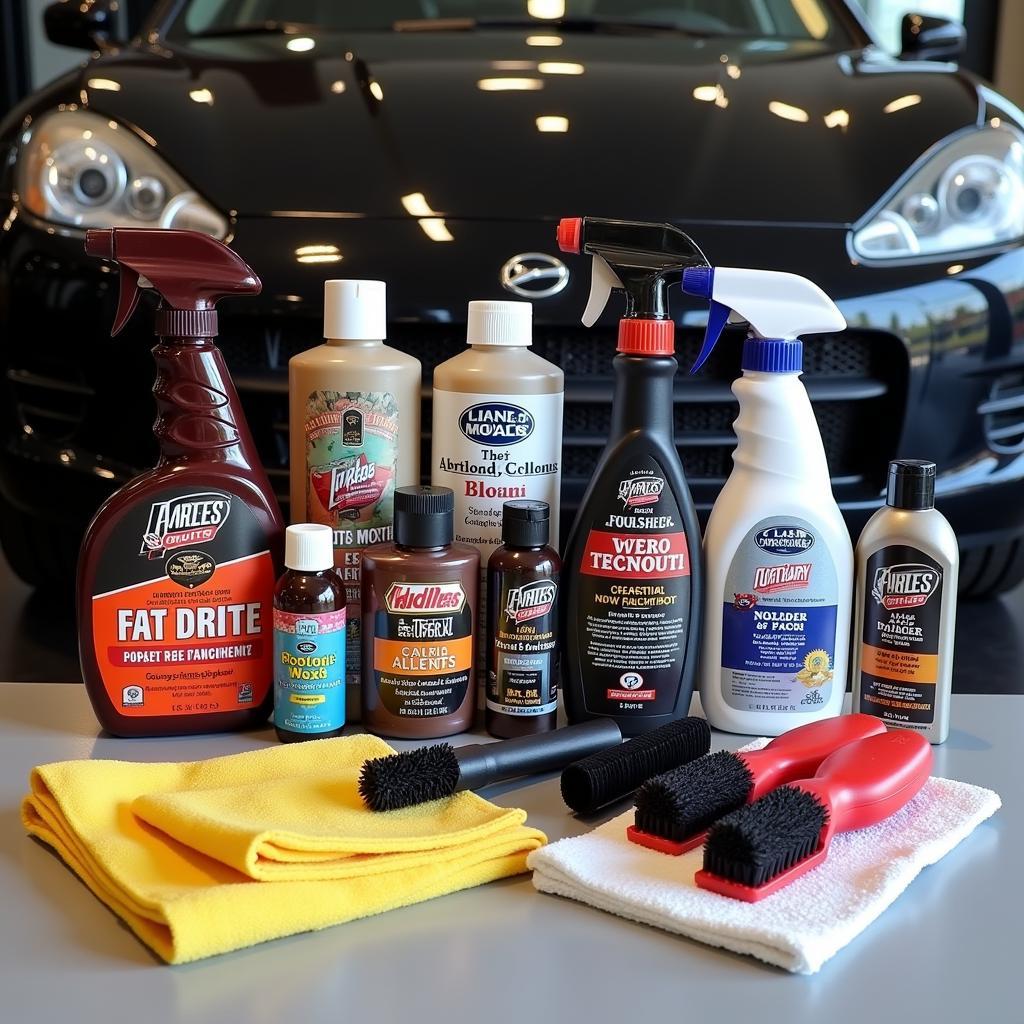 A display of high-quality car detailing products and tools.