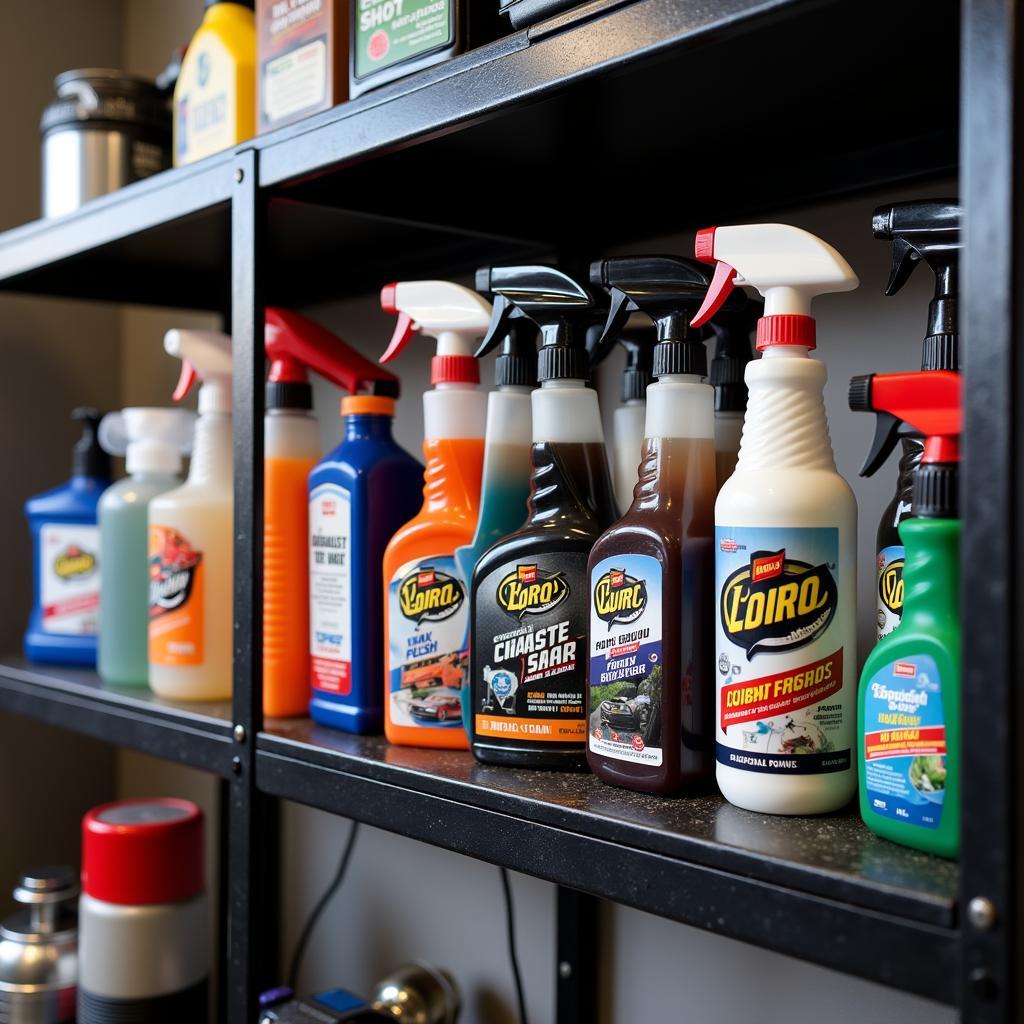 Various car detailing products displayed on a shelf in Madison, WI