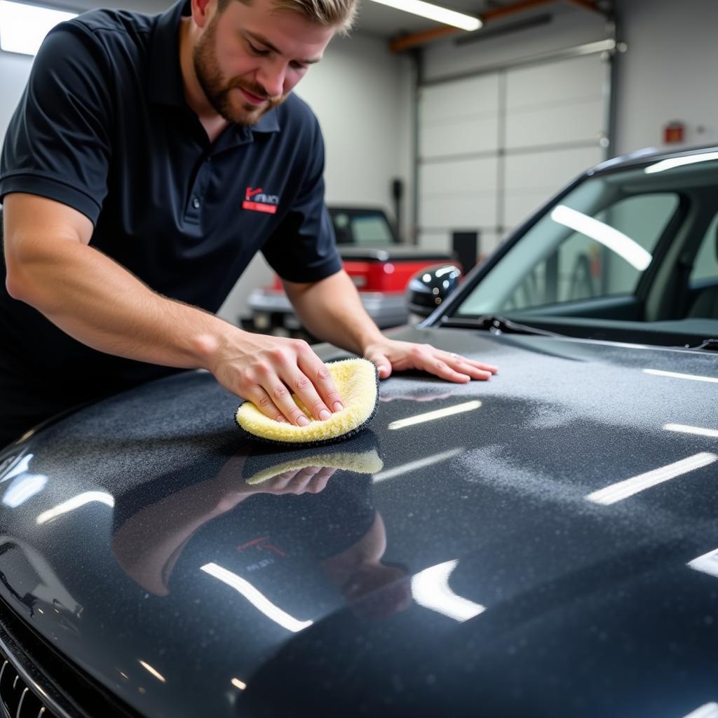 Applying protective coating to a car during the detailing process.