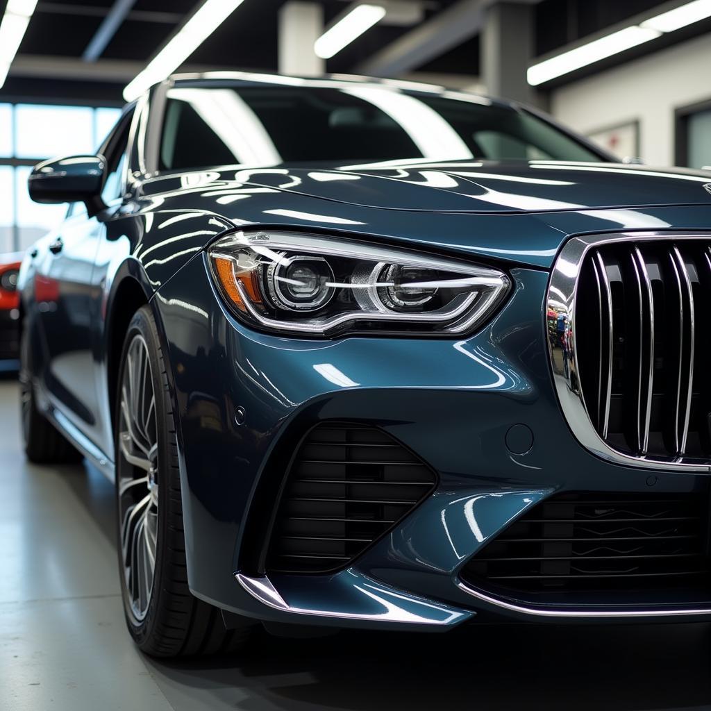 Car Detailing Resale Value: A gleaming, detailed car parked in a showroom, ready for sale, emphasizing the impact of detailing on resale value.