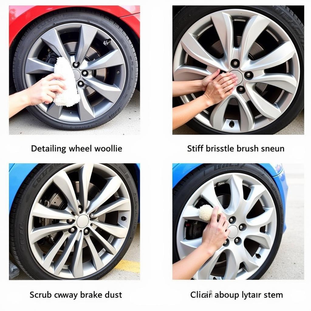 Cleaning car rims with different types of detailing brushes