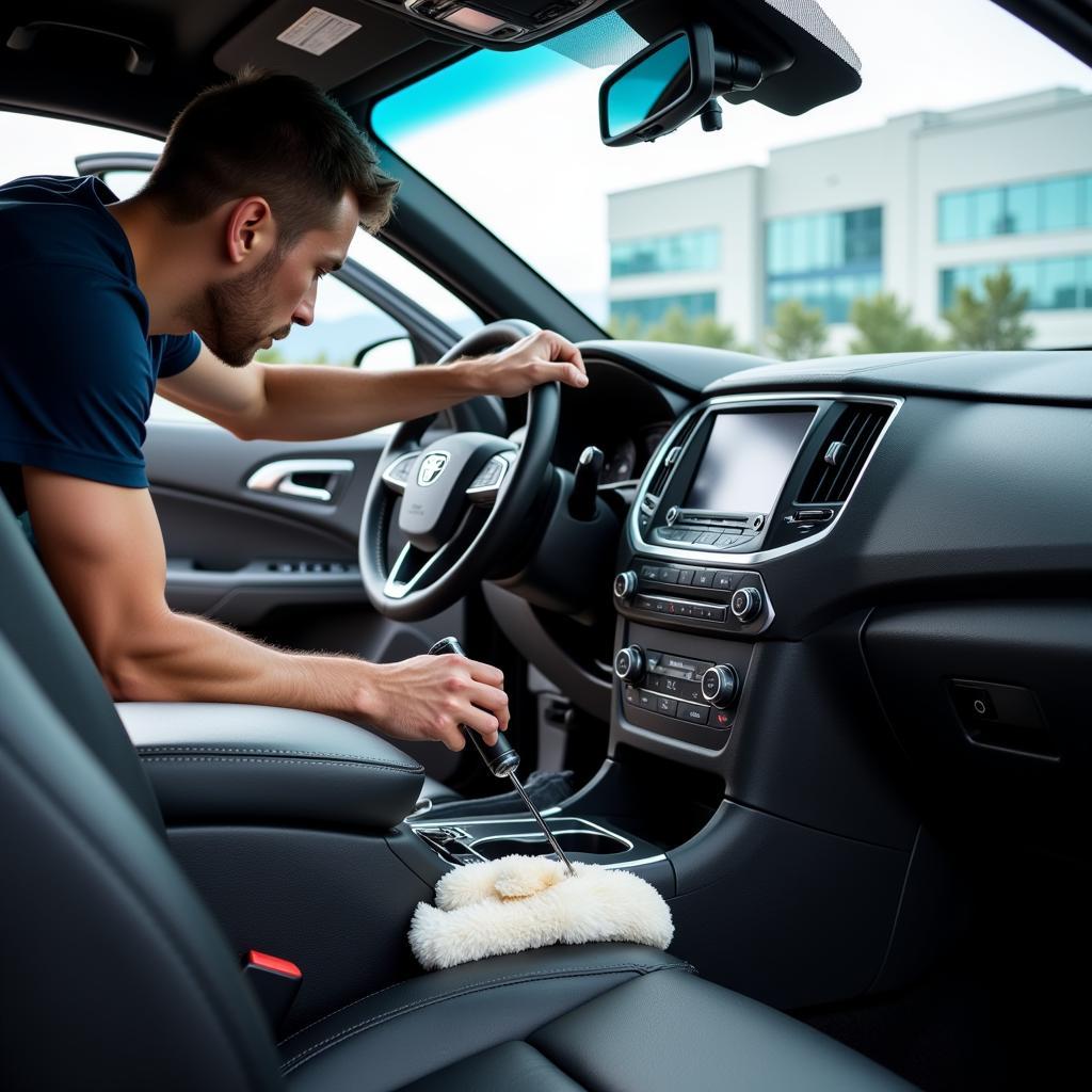 Car detailing expert cleaning the interior of a car in Salt Lake City.