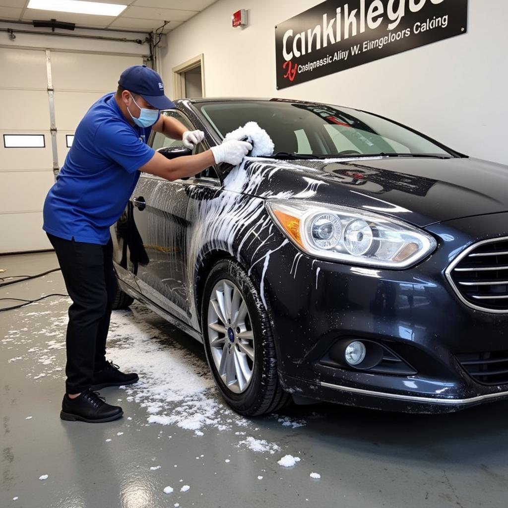 Exterior Car Detailing Schaumburg: A car being washed and dried at a professional detailing service in Schaumburg, Illinois. The image showcases the meticulous process and the use of high-quality cleaning products.