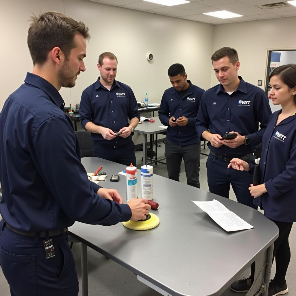 Students learning car detailing techniques in a classroom setting