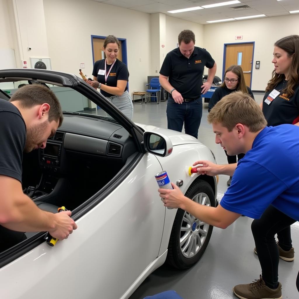 Students practicing car detailing techniques on a vehicle.