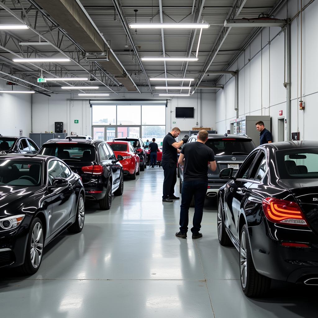 Busy Car Detailing Shop with Multiple Vehicles and Employees