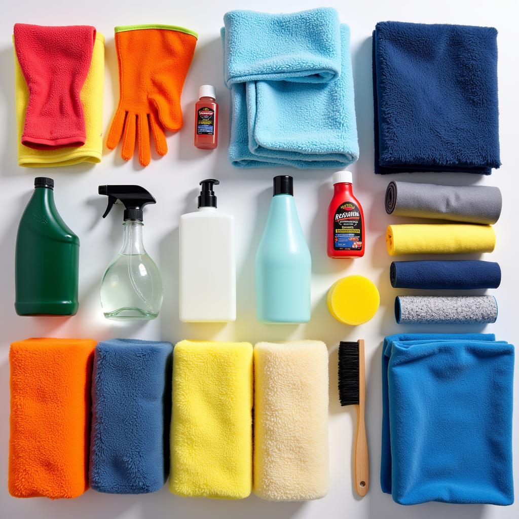 Essential car detailing supplies laid out on a table