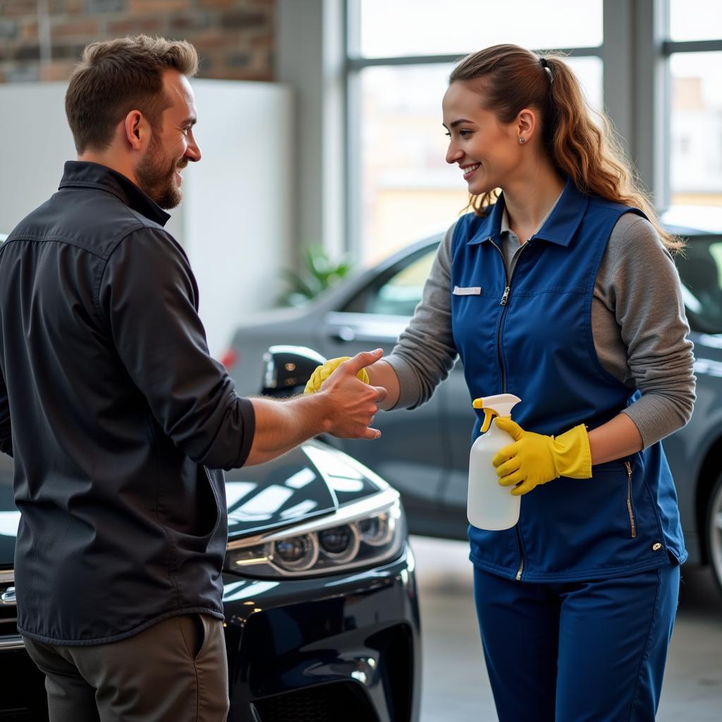 Happy customer tipping a car detailer