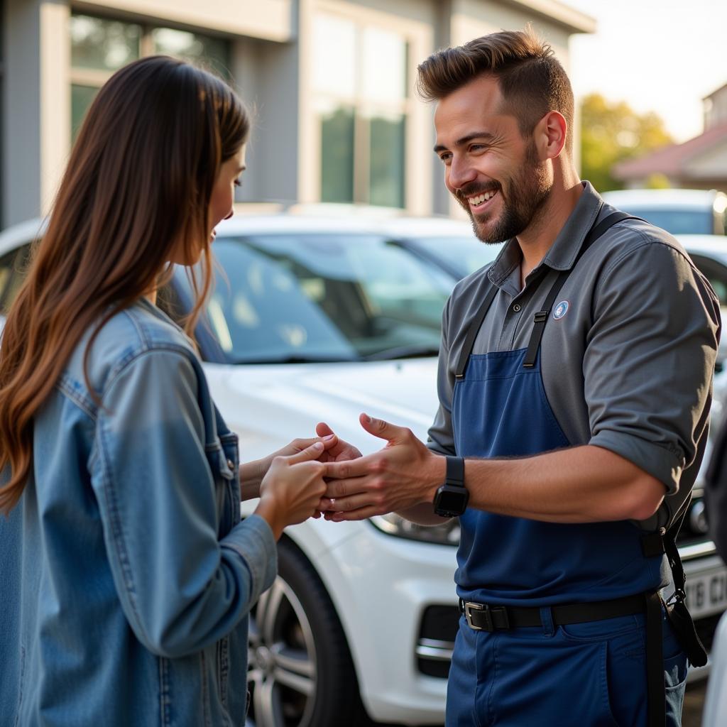 A customer handing a tip to a car detailer after a service.