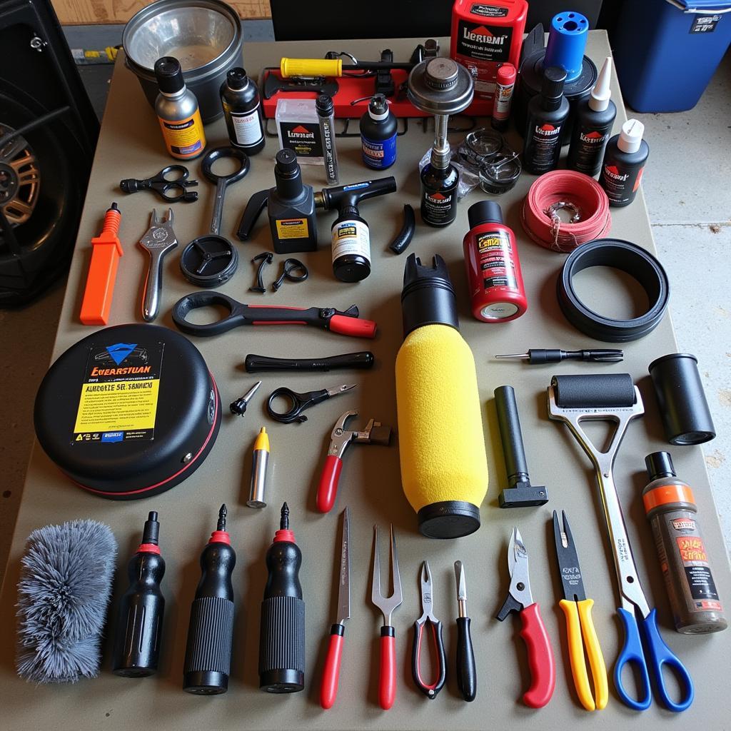 Assortment of car detailing tools and equipment