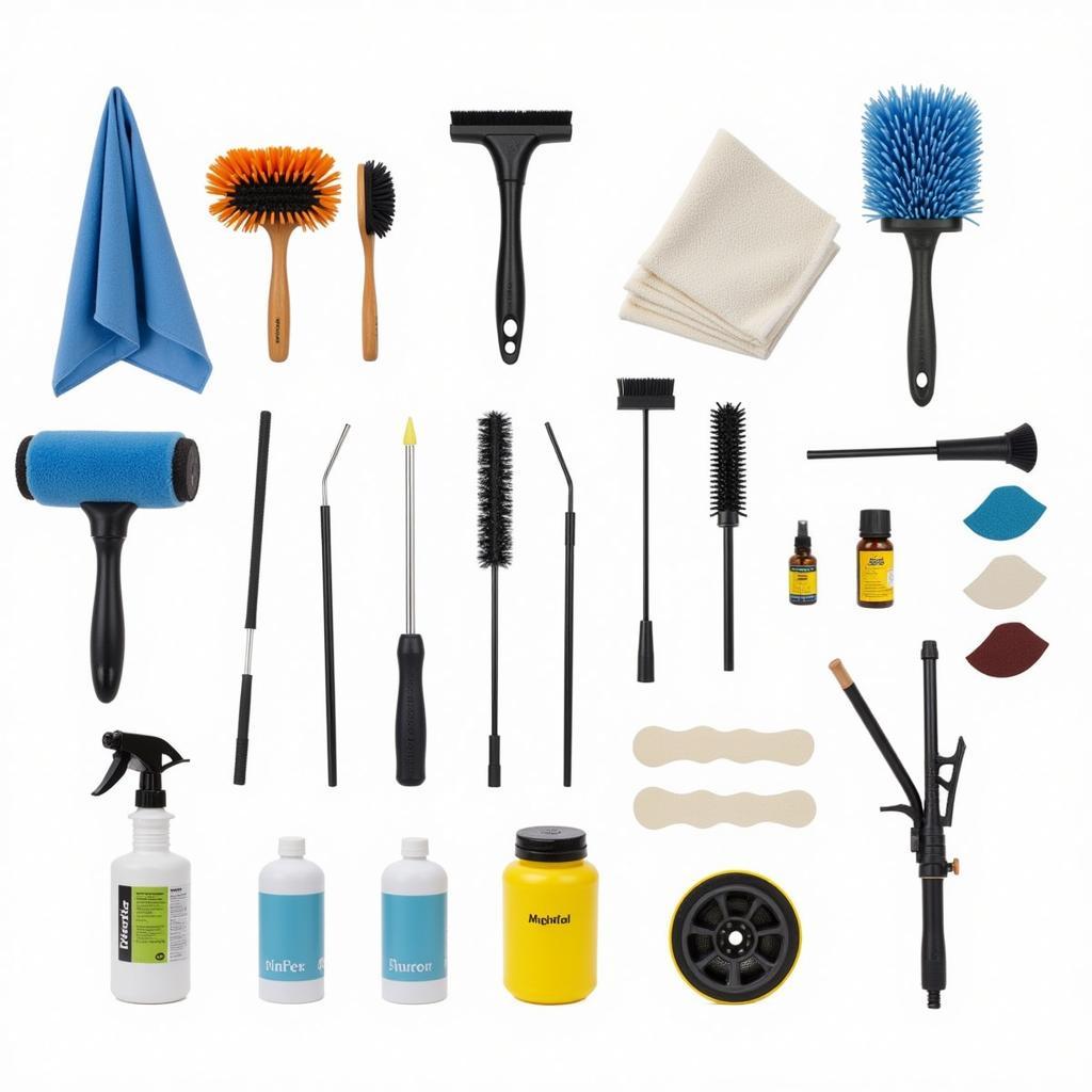 Assortment of car detailing tools and equipment