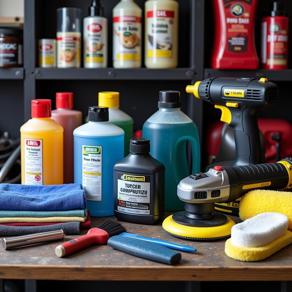 An assortment of car detailing tools and products arranged on a workbench