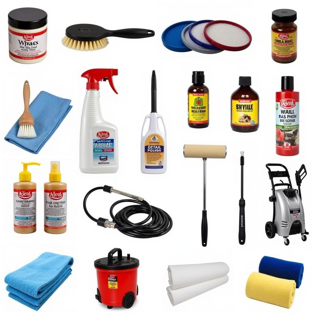 An array of professional car detailing tools and products.