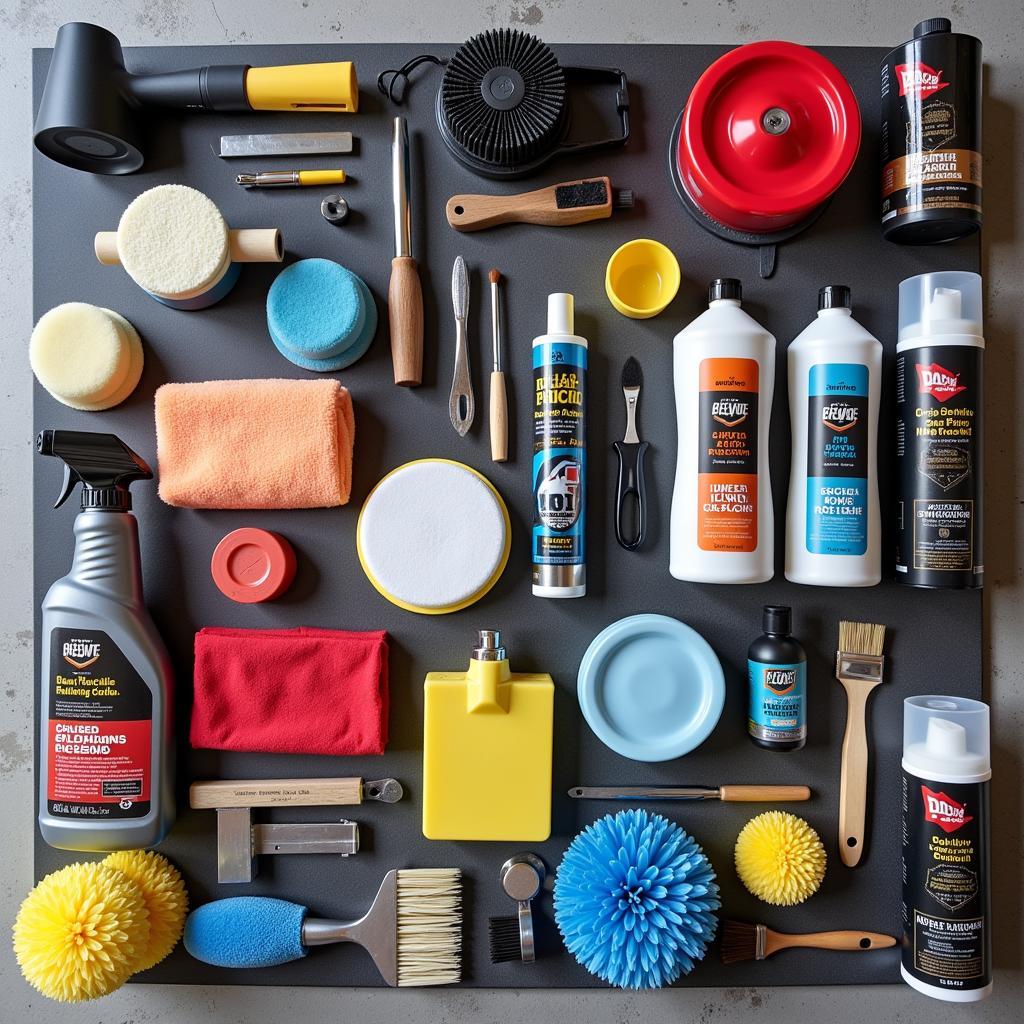 A display of various car detailing tools and products