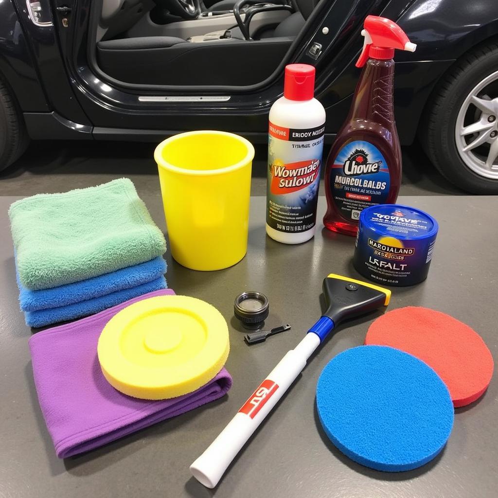 An assortment of car detailing tools and products arranged neatly on a workbench.