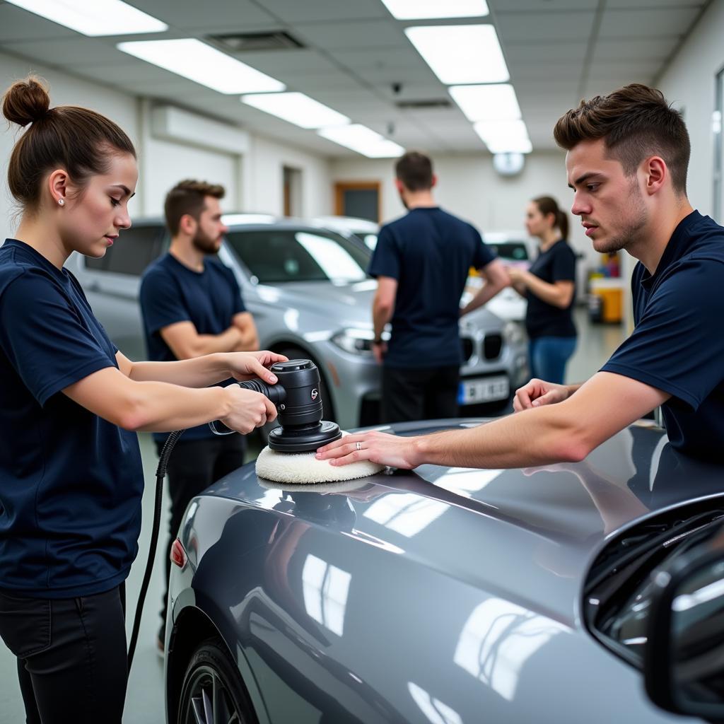 Students practicing car detailing techniques in a professional training setting in Scotland