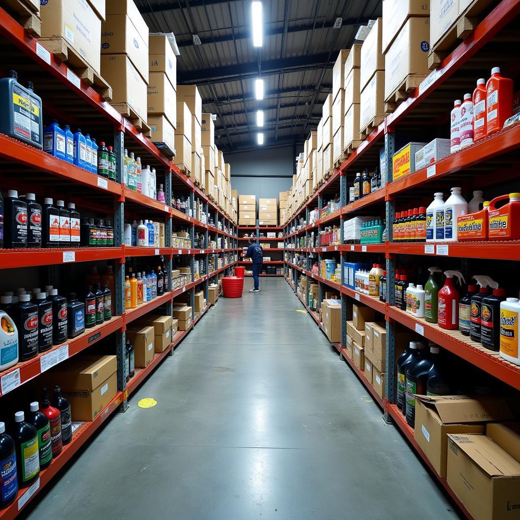 Rows of car detailing supplies in a warehouse