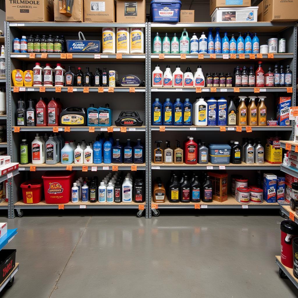 Organized shelves in a car detailing warehouse