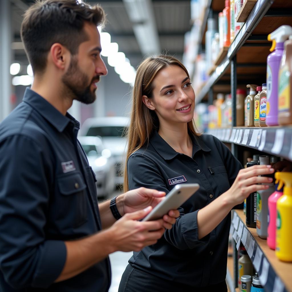 Car detailing warehouse staff assisting a customer