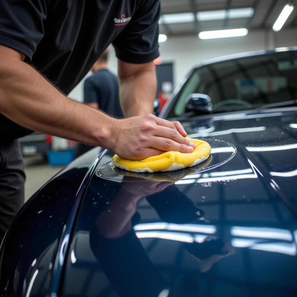 Applying car wax during a detailing service