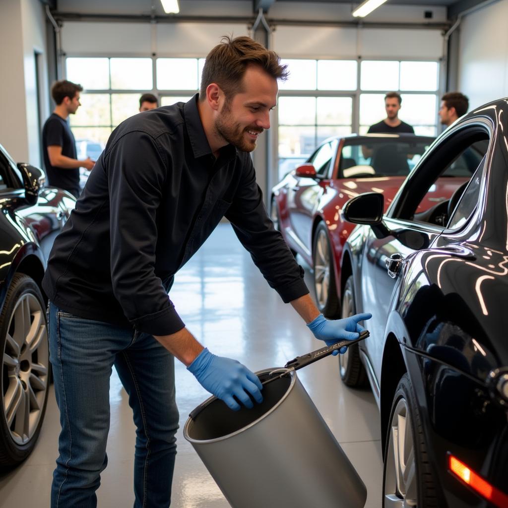 Students learning car detailing techniques in a hands-on workshop