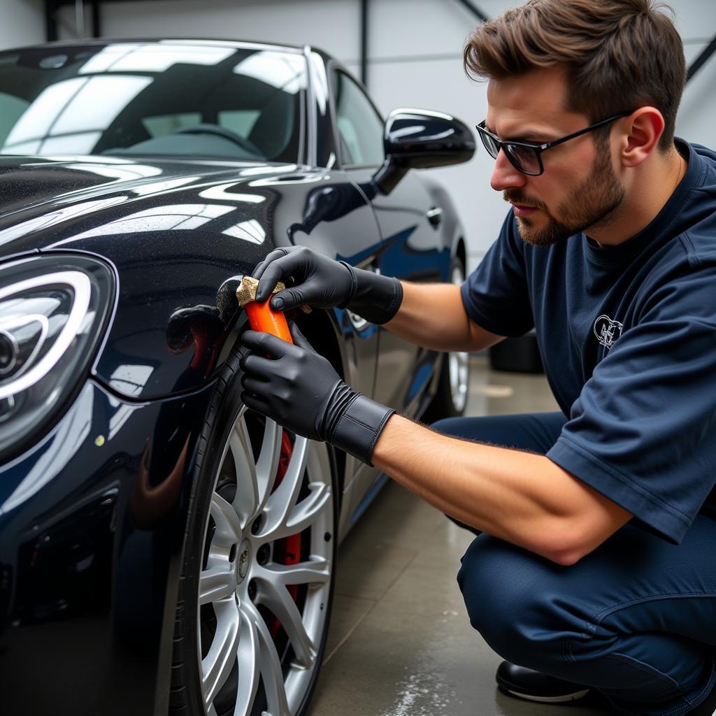 Car Enthusiast Detailing His Car