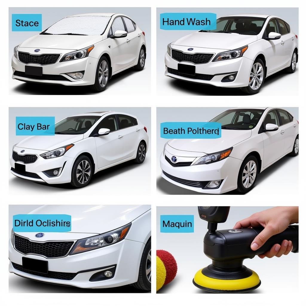 Car Exterior Detailing Process: Foam bath, hand wash, decontamination, and polishing.