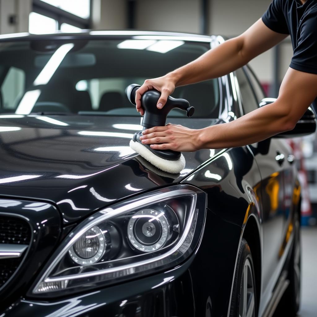 A car being waxed with a professional buffer