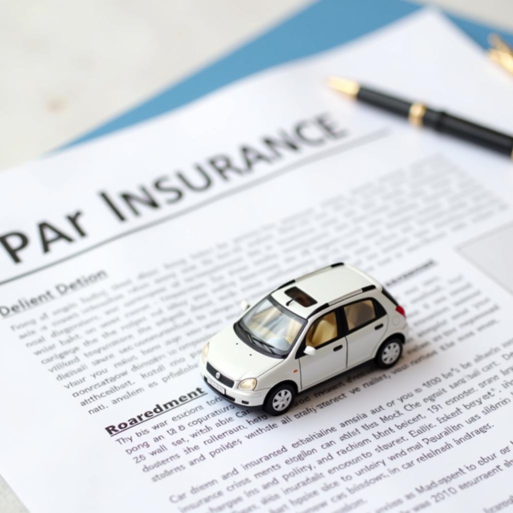 Car insurance policy documents and a miniature car symbolizing coverage and protection