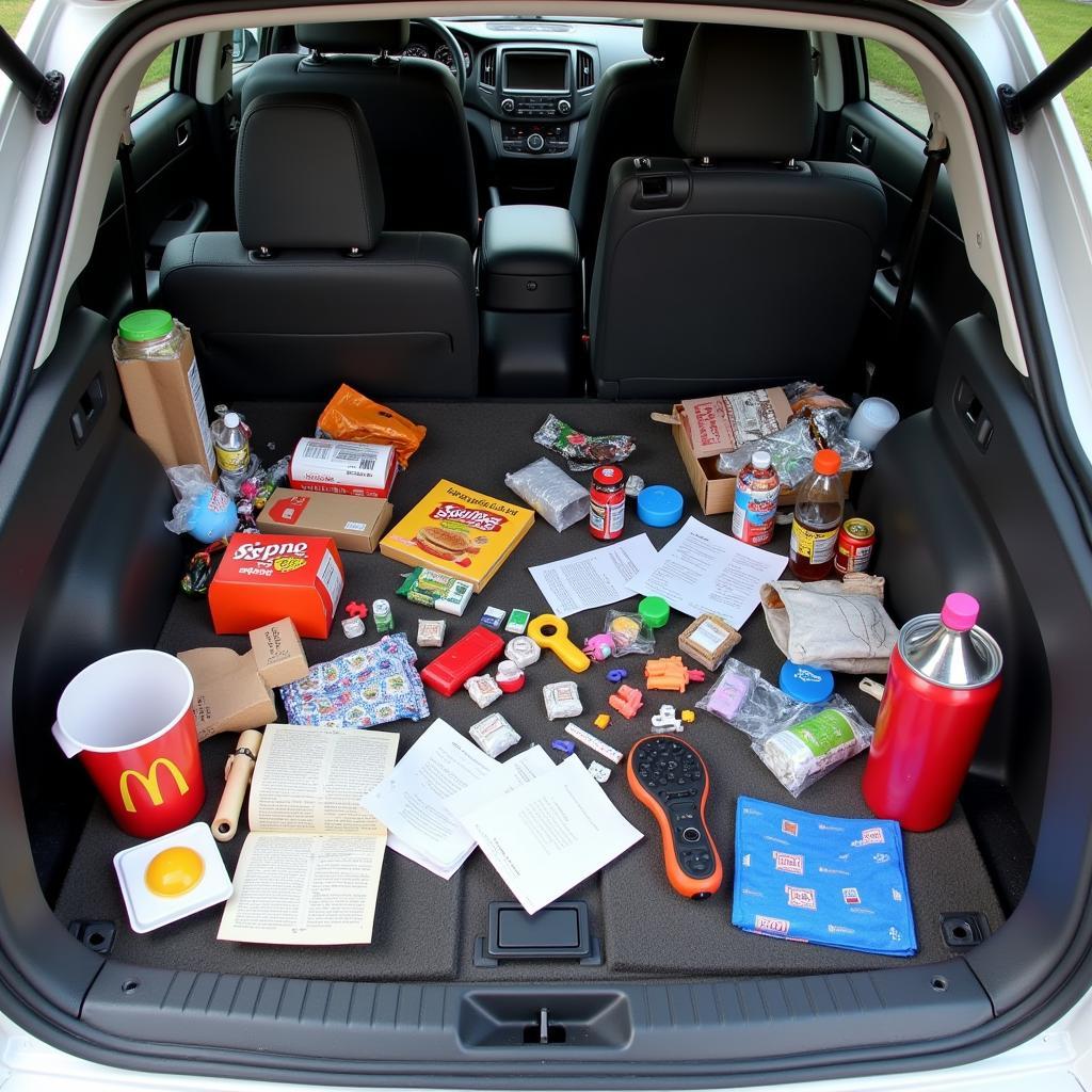 Car interior filled with trash and personal belongings before detailing