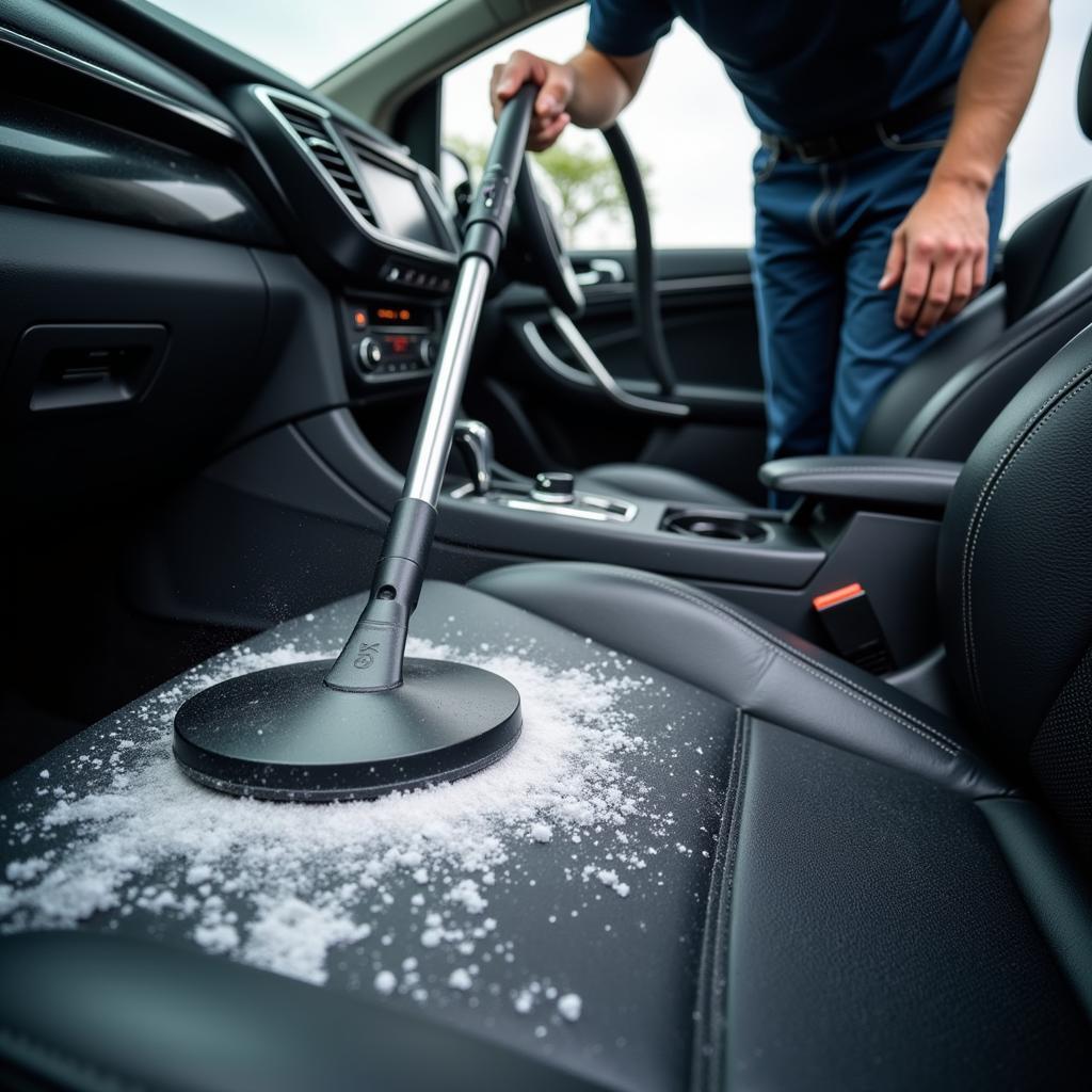 Steam cleaning the car's carpets and upholstery during a car interior detailing service in Hampton