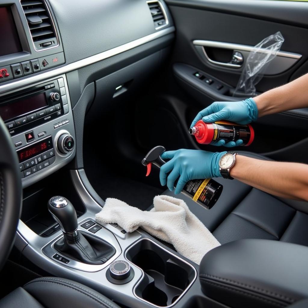 Professional car interior detailing with cleaning tools and products