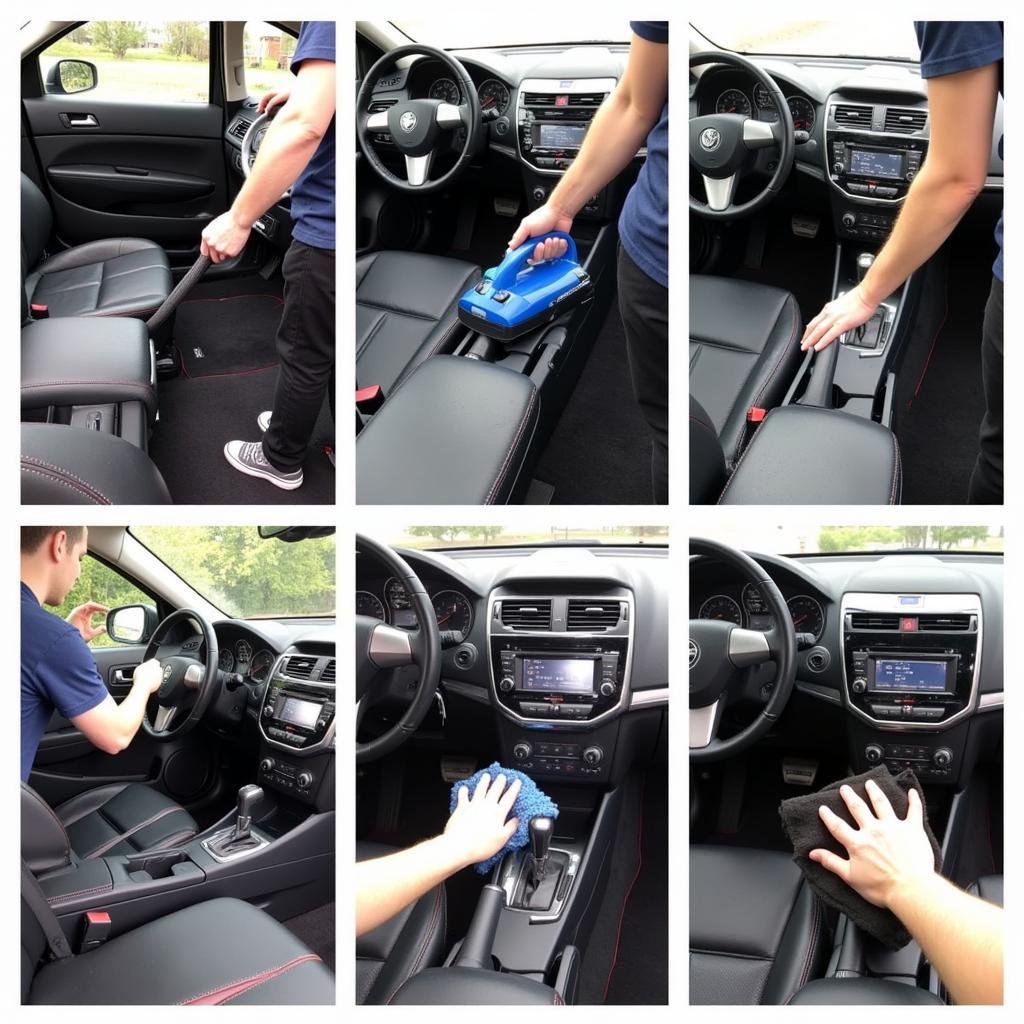 Car Interior Detailing Steps: Vacuuming, steam cleaning, leather conditioning, and surface cleaning.