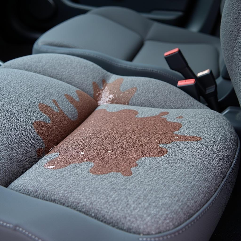 Car Interior Vomit Damage: Close-up of vomit stain on car seat showing the extent of the damage and need for professional cleaning.