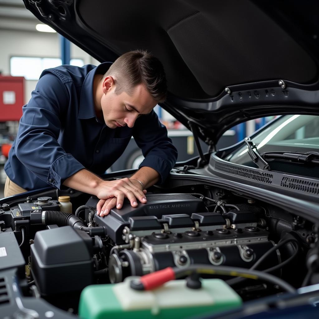 Mechanic inspecting a car with no details