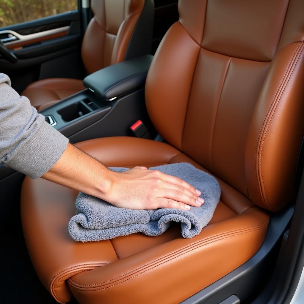 Car Owner Wiping Tan Leather Seat