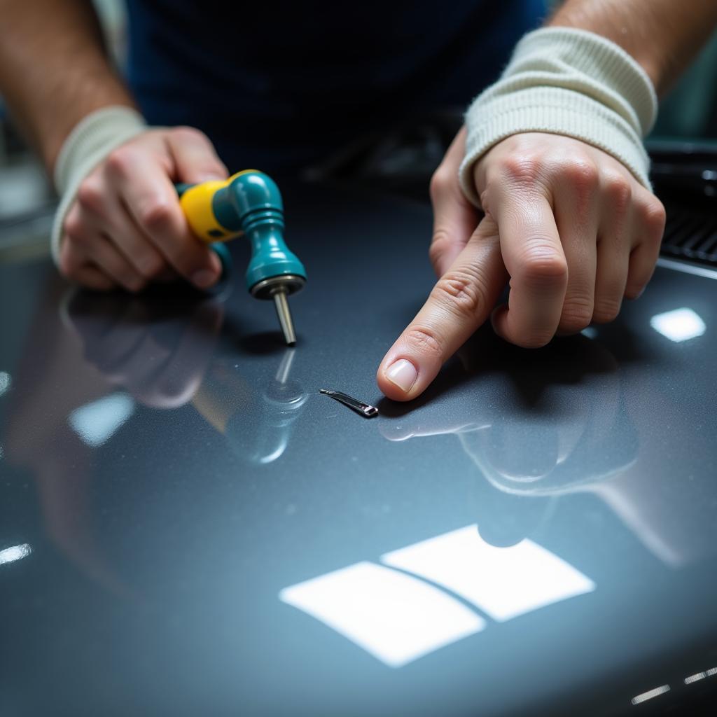 Close-up of a car paint chip being repaired by a professional detailer