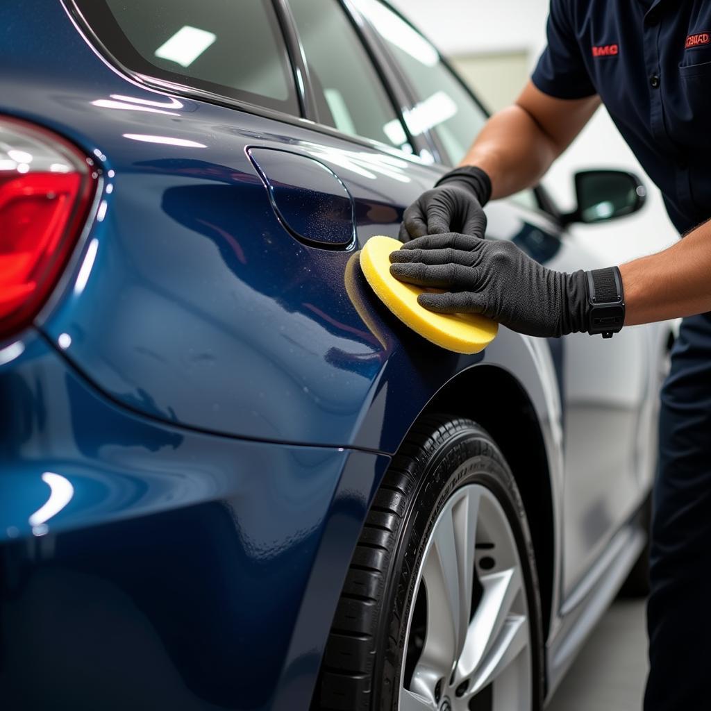 Car paint protection detailing: Applying sealant for a glossy finish and UV protection