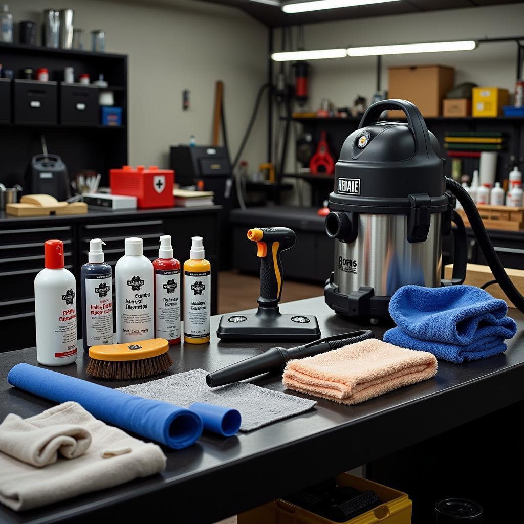 Car seat cleaning tools and products on a workbench.