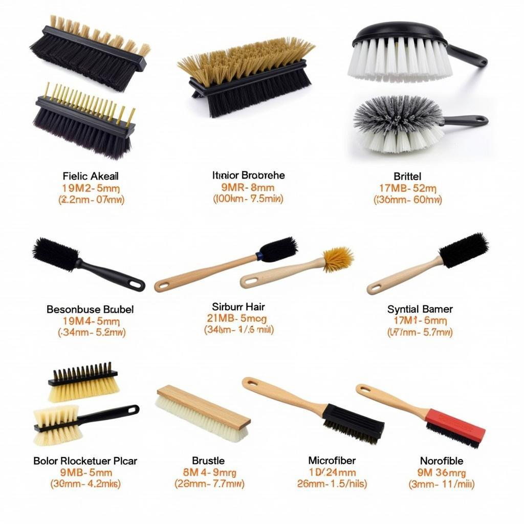 A variety of car wash detailing brushes for different purposes