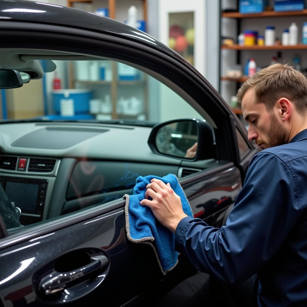 Interior car detailing with focus on window cleaning