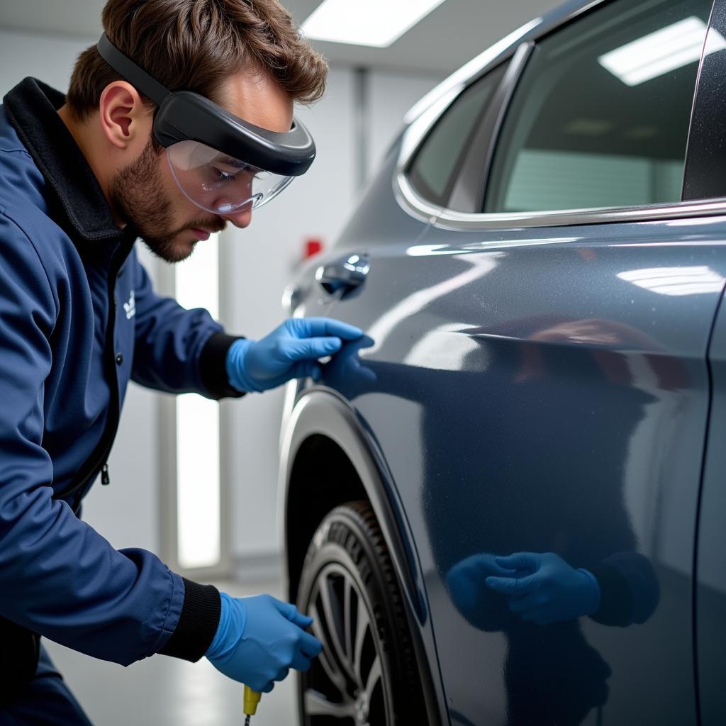 Certified car detailer applying a ceramic coating to a vehicle's paint