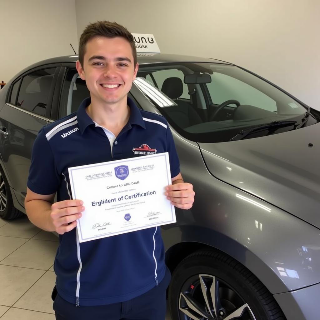 Certified Car Detailer on the Gold Coast Posing with Certificate of Completion