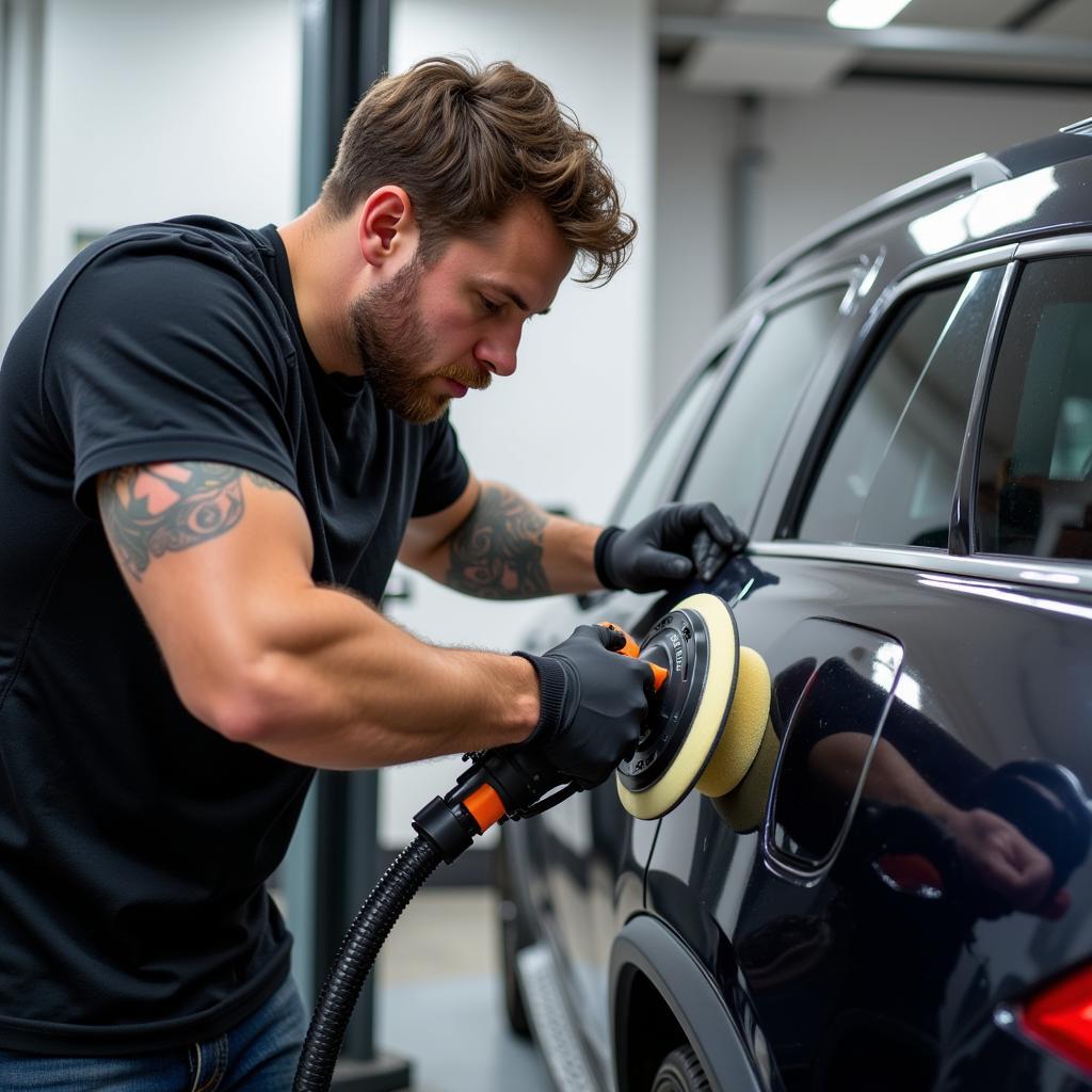 A certified car detailer meticulously working on a vehicle's paint.