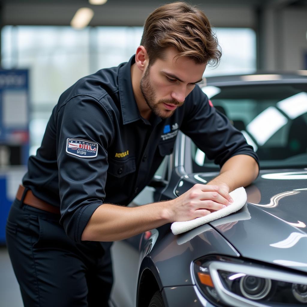 A certified car detailer meticulously working on a car's exterior