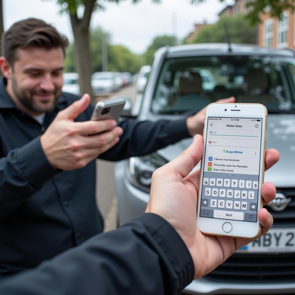 Checking Car Details Via Number Plate: A Man Uses His Phone to Access Vehicle Information Using the Number Plate