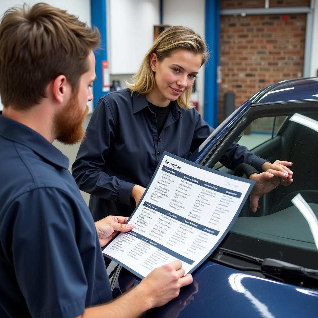 Choosing the right car detailing service: A customer discussing service options with a professional detailer.