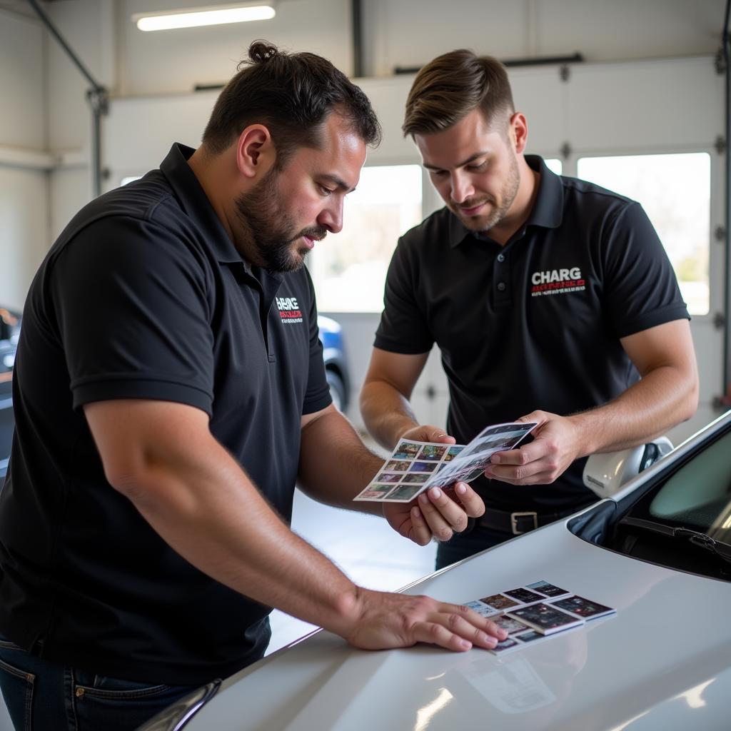 Choosing the Right Detailer in Gardendale AL: A customer speaking with a car detailing professional, discussing service options and examining paint samples.