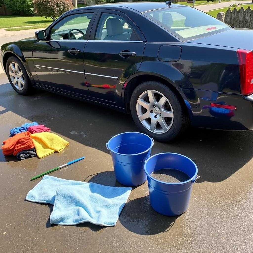 Classic Car Wash Setup with Two Buckets and Supplies